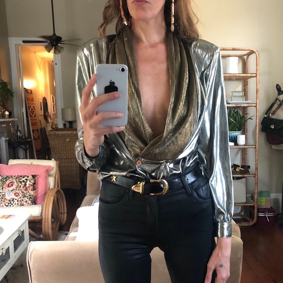 Vintage Tops - Vintage gold lamè plunging blouse